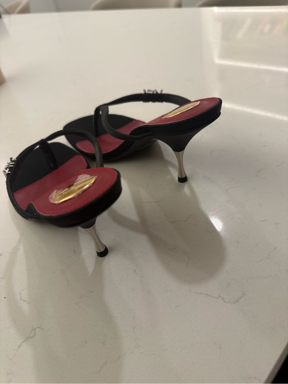 Saint Laurent Black Heeled Slingback Sandals with Red Footbed - Picture 4 of 8